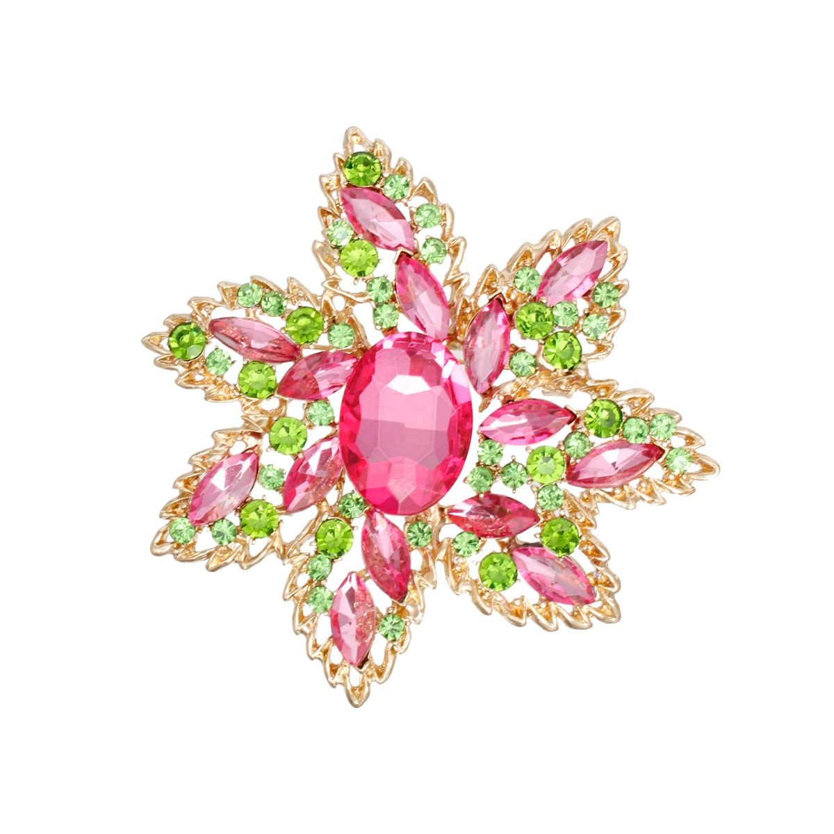 Vintage Inspired Rhinestone Brooch Pink Green Flower Pin
