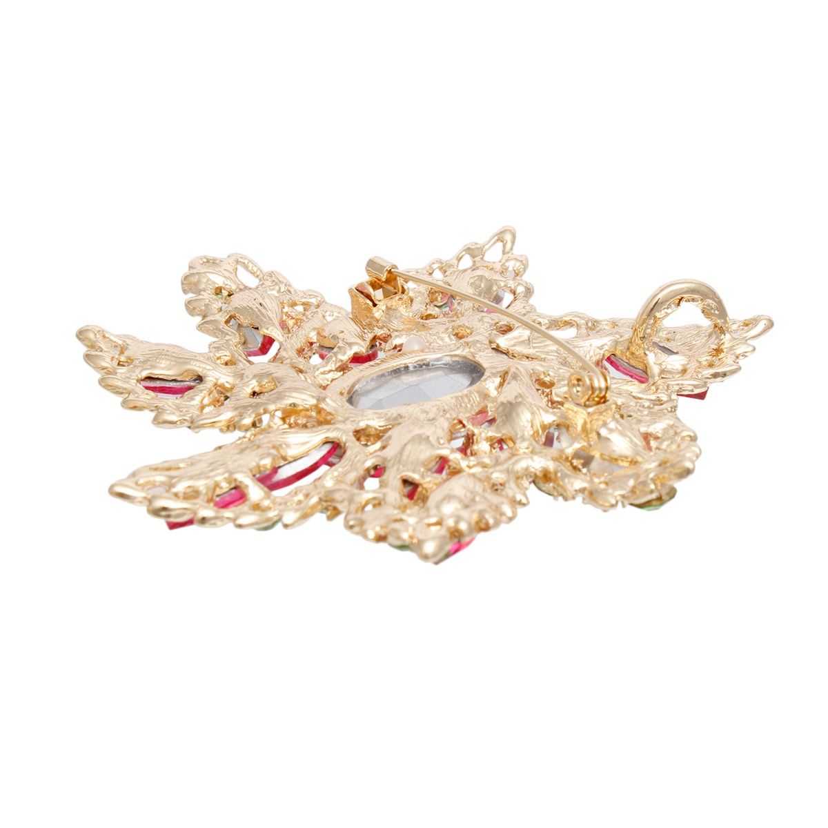 Vintage Inspired Rhinestone Brooch Pink Green Flower Pin