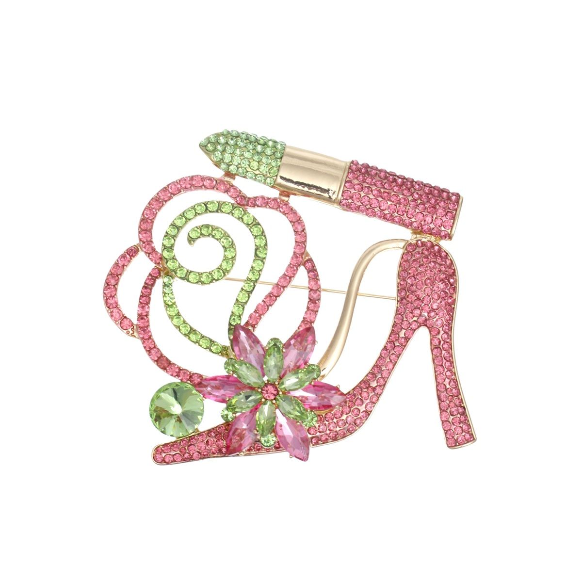 Lipstick High Heel Brooch Pink Green Rhinestone Statement Pin