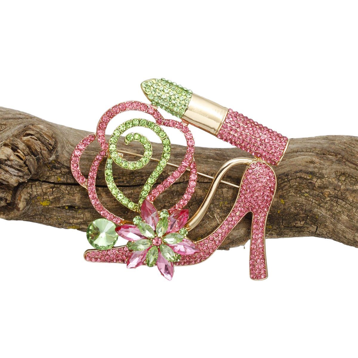 Lipstick High Heel Brooch Pink Green Rhinestone Statement Pin