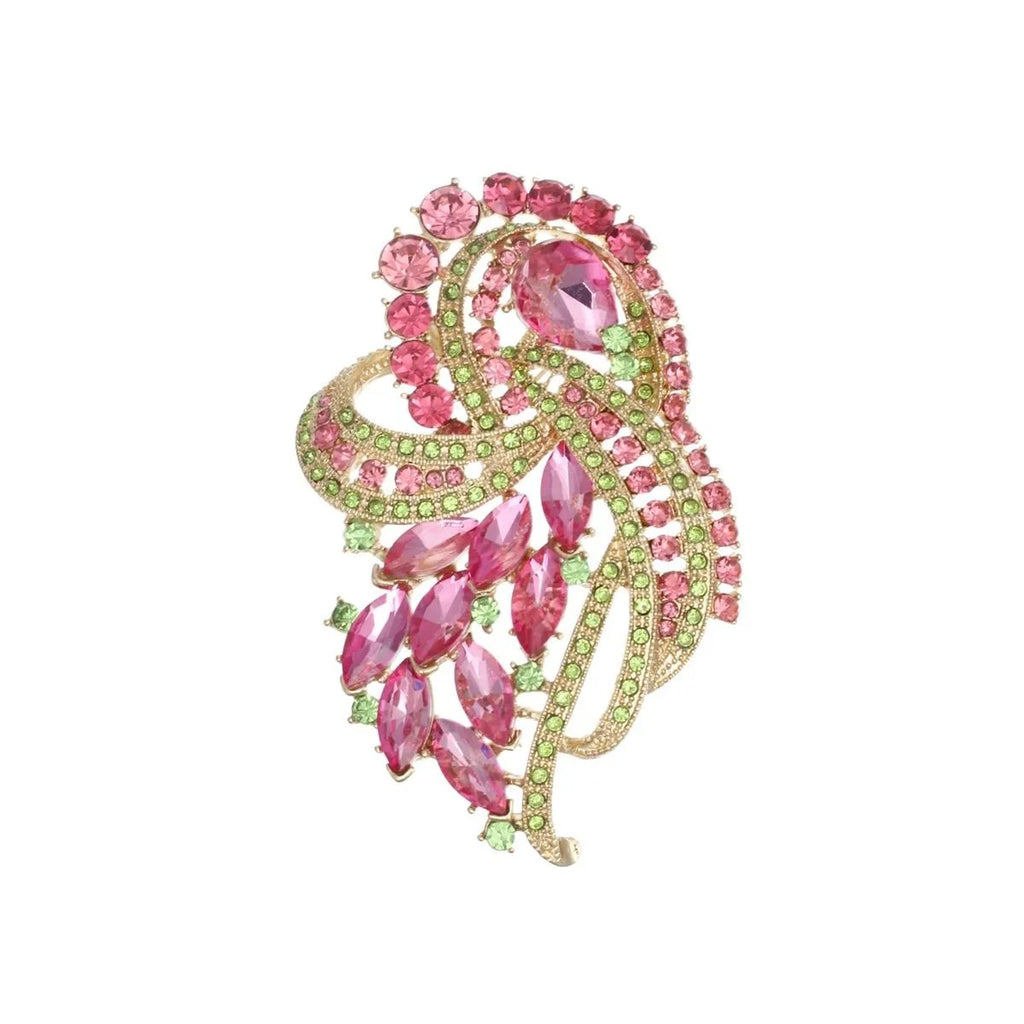Pink Green Brooch Gold Tone Ribbon Leaf Statement Pin | Fashion Jewelry