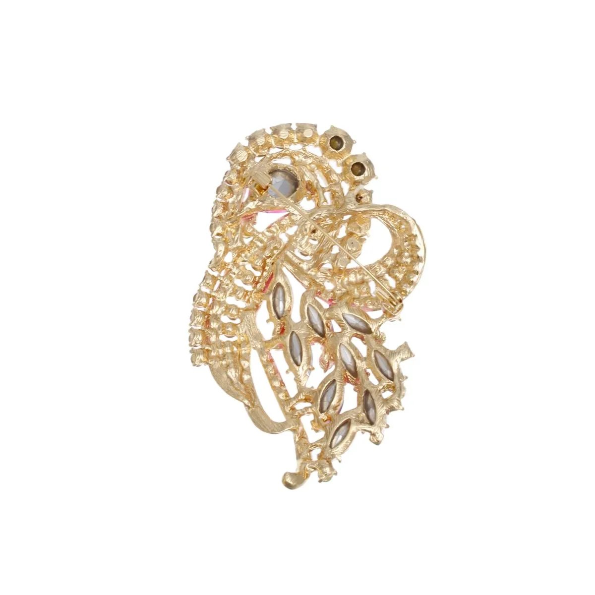 Pink Green Brooch Gold Tone Ribbon Leaf Statement Pin | Fashion Jewelry