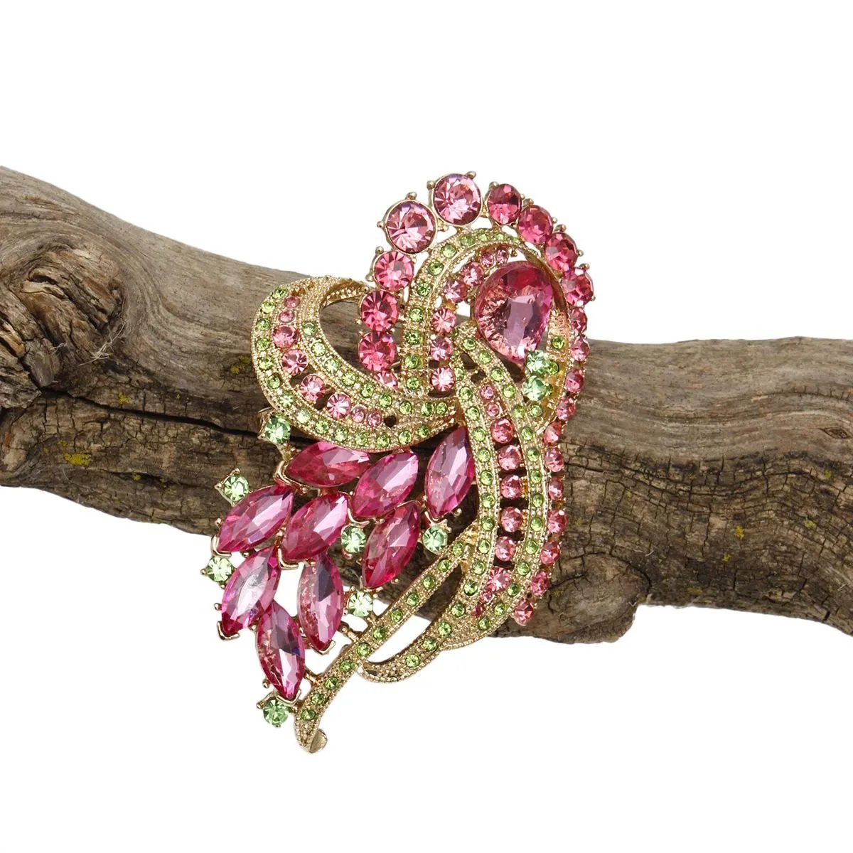 Pink Green Brooch Gold Tone Ribbon Leaf Statement Pin | Fashion Jewelry