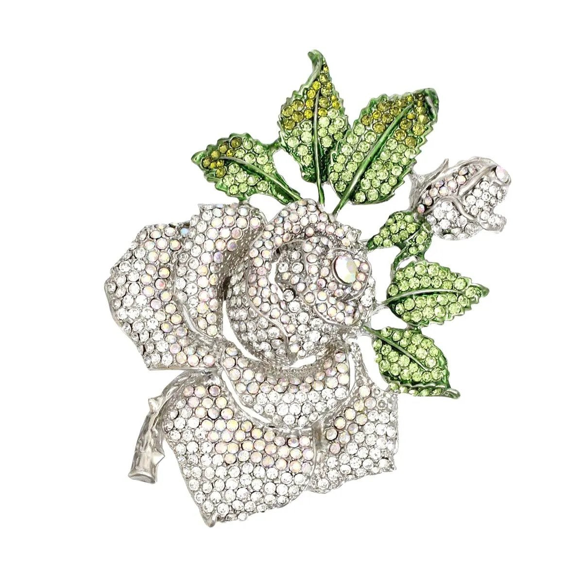 Silver Aurora Borealis Rose Brooch – Rhinestone Floral Women's Fashion Jewelry