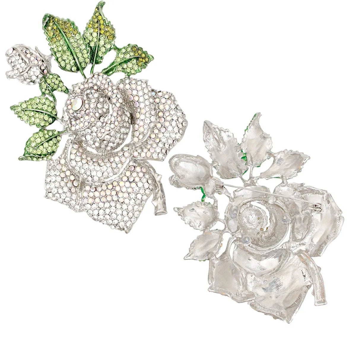 Silver Aurora Borealis Rose Brooch – Rhinestone Floral Women's Fashion Jewelry