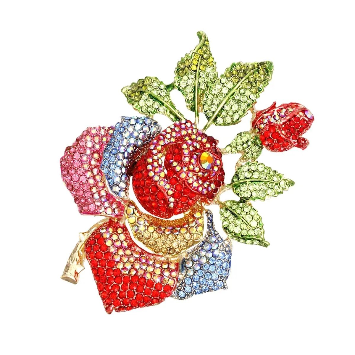 Gold Multicolor Rose Brooch – Rhinestone Floral Women's Fashion Jewelry