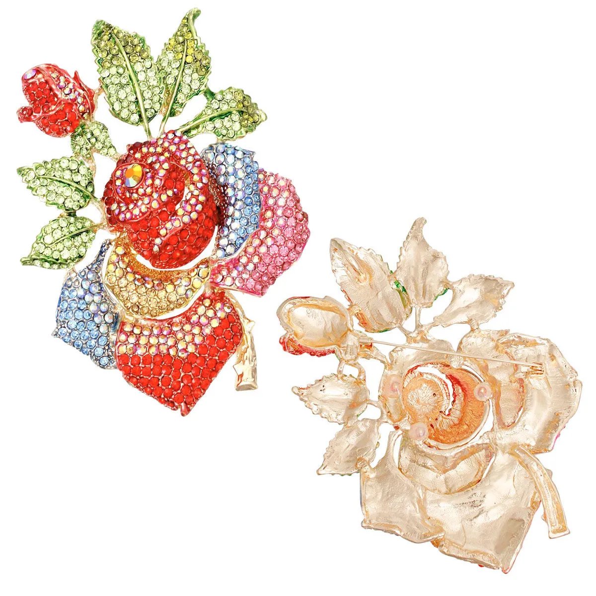 Gold Multicolor Rose Brooch – Rhinestone Floral Women's Fashion Jewelry