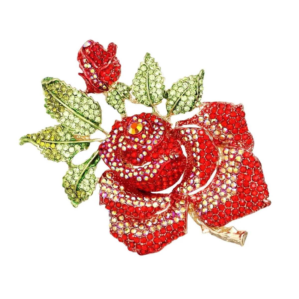 Gold Red Aurora Rose Brooch – Rhinestone Floral Women's Fashion Jewelry