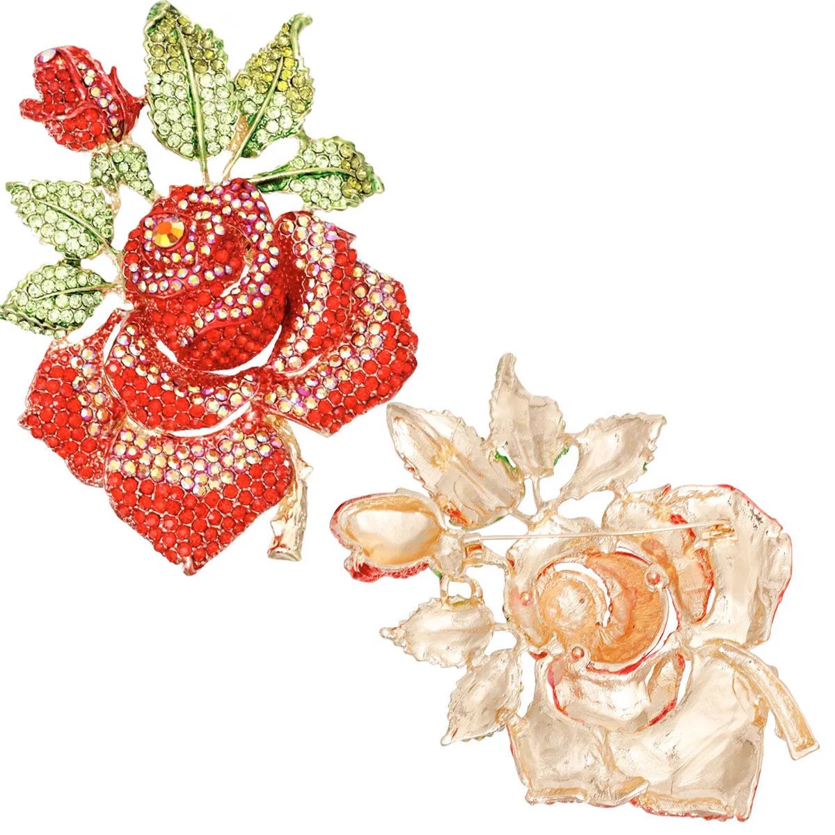 Gold Red Aurora Rose Brooch – Rhinestone Floral Women's Fashion Jewelry