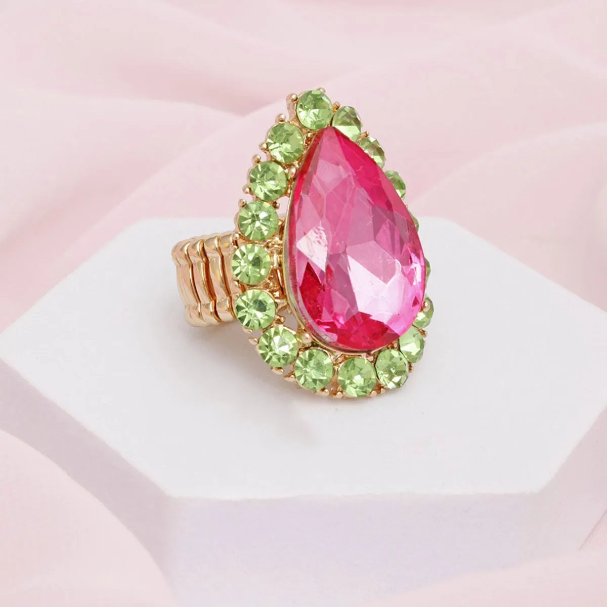 Chunky Gold Tone Pink Green Cocktail Ring Stretch Fit | Fashion Jewelry