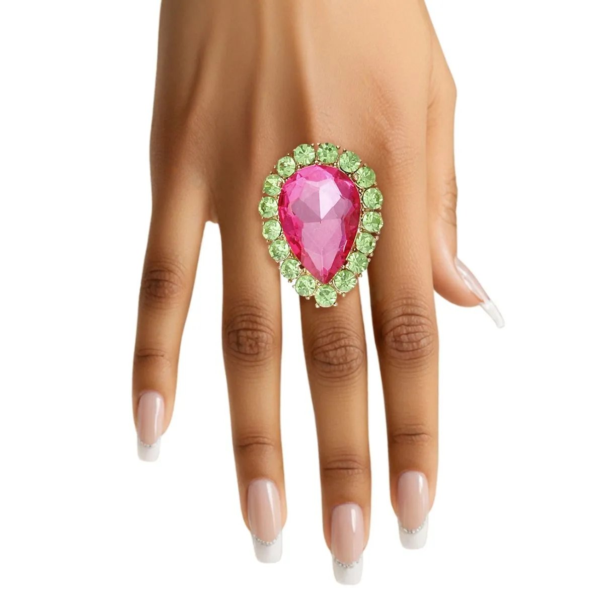 Chunky Gold Tone Pink Green Cocktail Ring Stretch Fit | Fashion Jewelry
