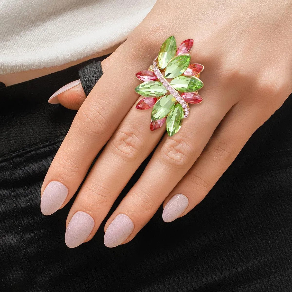 Gold Tone Stretch Ring – Pink Green Crystal Cluster | Statement Style