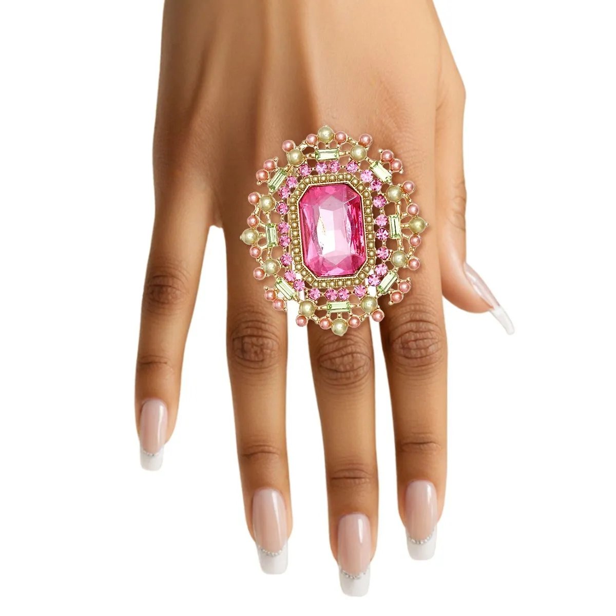 Vintage Inspired Pink Statement Ring Stretch Band | Fashion Jewelry