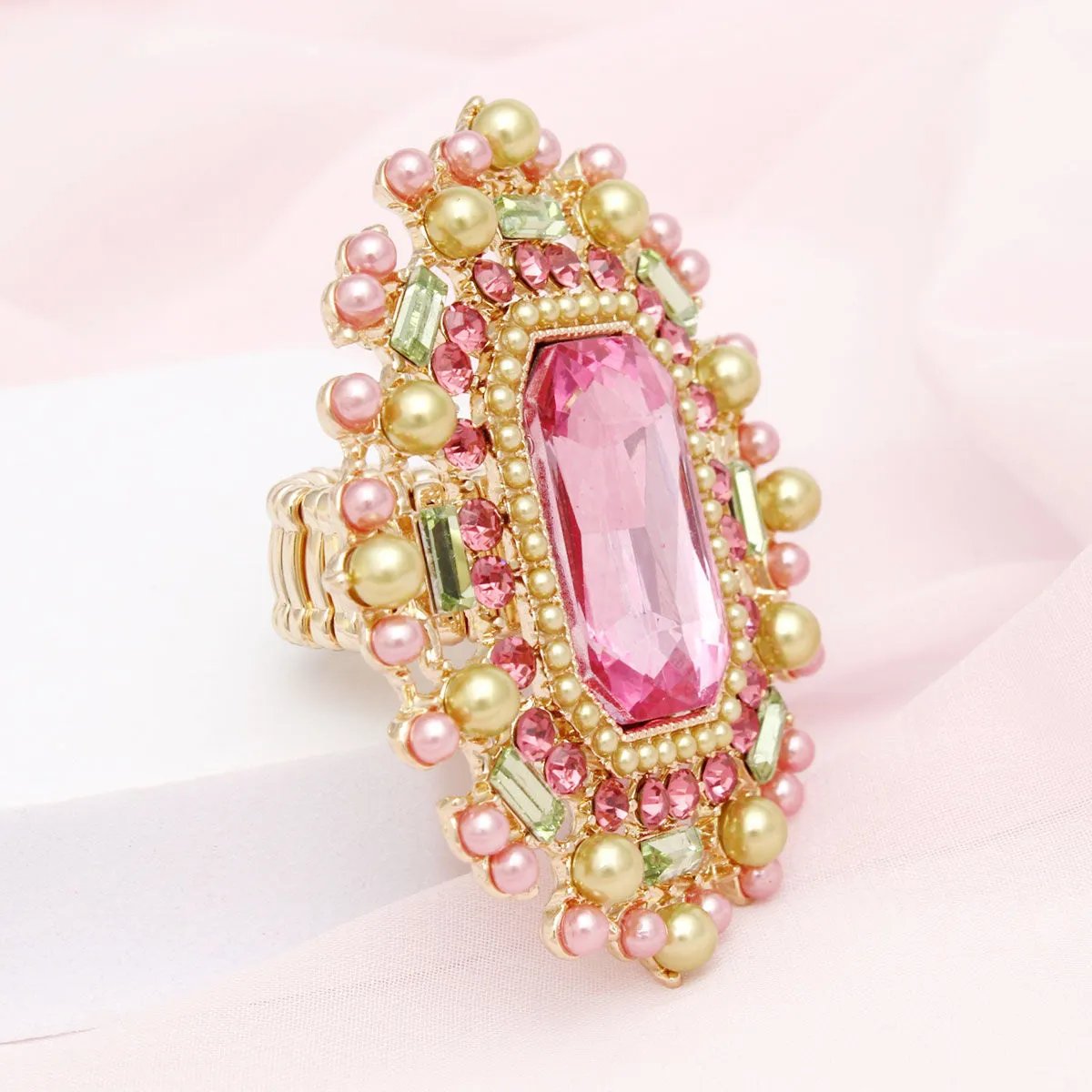 Vintage Inspired Pink Statement Ring Stretch Band | Fashion Jewelry