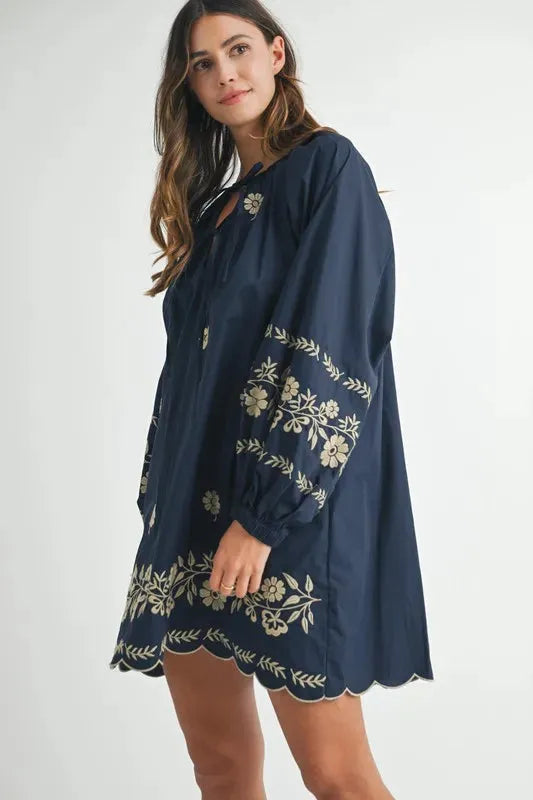 Embroidered Long Sleeve Peasant Mini Dress: Boho Elegance Redefined