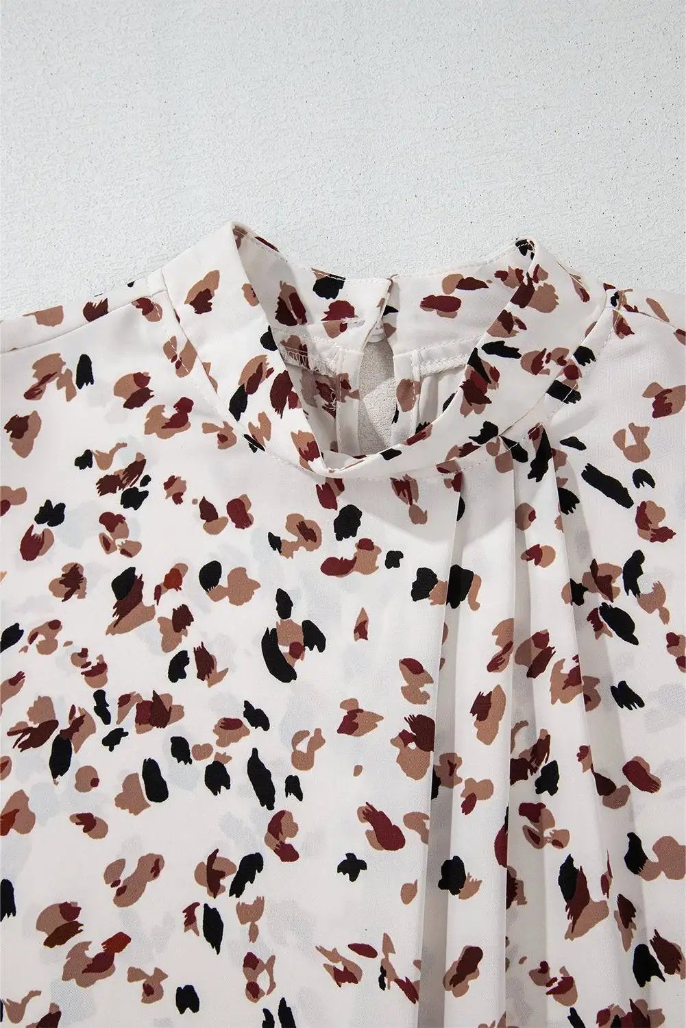 Leopard Print Puff Sleeve Mock Neck Blouse with Pleated Detail – Black or White