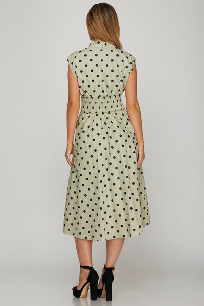 Polka Dot Cap Sleeve Midi Dress - Stylish & Versatile in Sage Trendsi