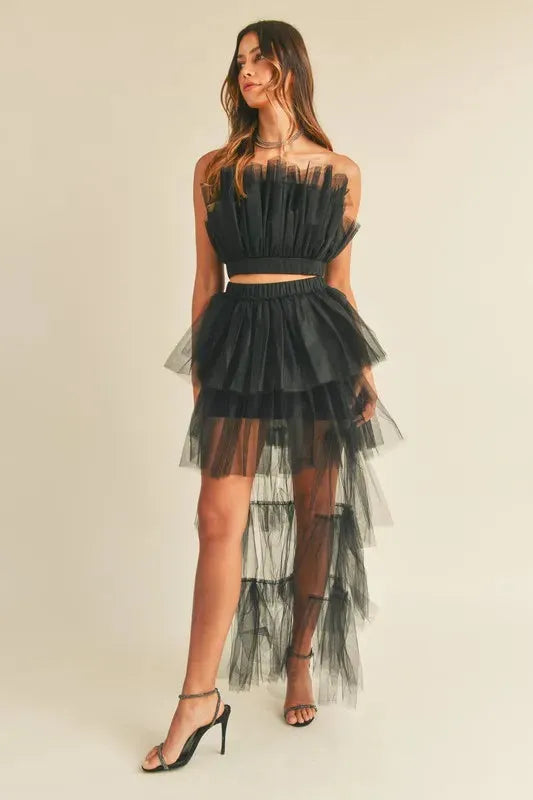 Elegant Tulle Ruffle Crop Top & High-Low Maxi Skirt Set