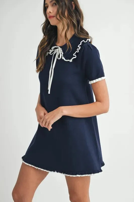 Ruffle Trimmed Collar Fine Knit Mini Dress – Sophisticated & Chic
