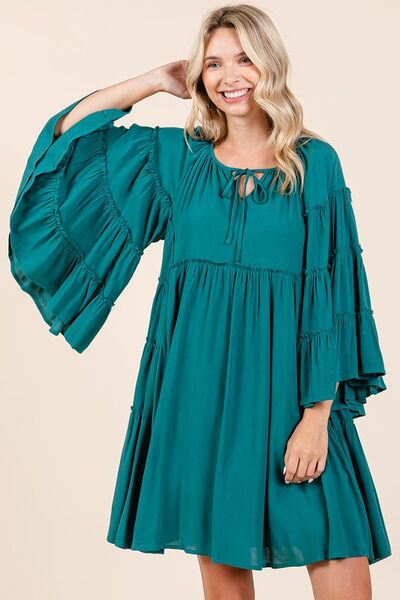 Teal Color Frill Tie Neck Bell Sleeve Dress That Screams Effortless Chic Trendsi