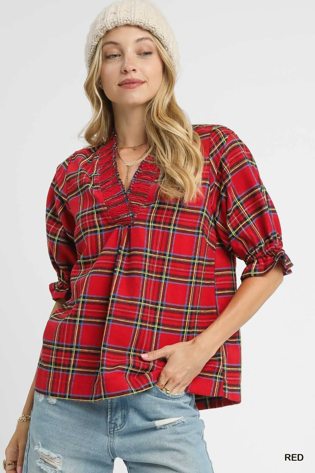 Umgee Plaid Smocked V-Neck Flannel Top
