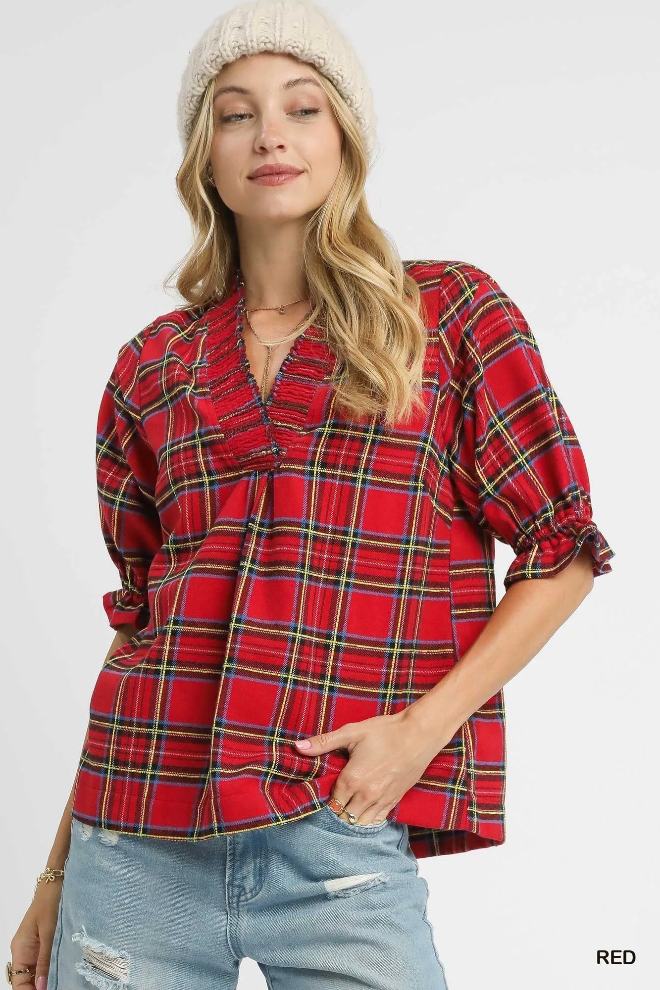 Umgee Plaid Smocked V-Neck Flannel Top