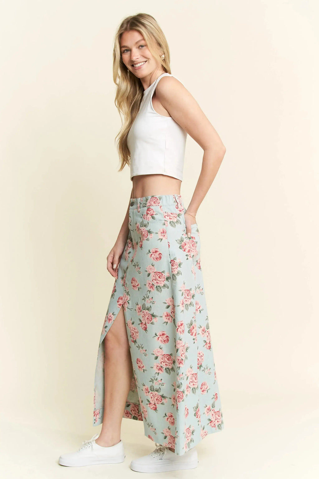 Jade By Jane Full Size Floral Print Front Slit Denim Maxi Skirt Plus Size Jewelry Bubble