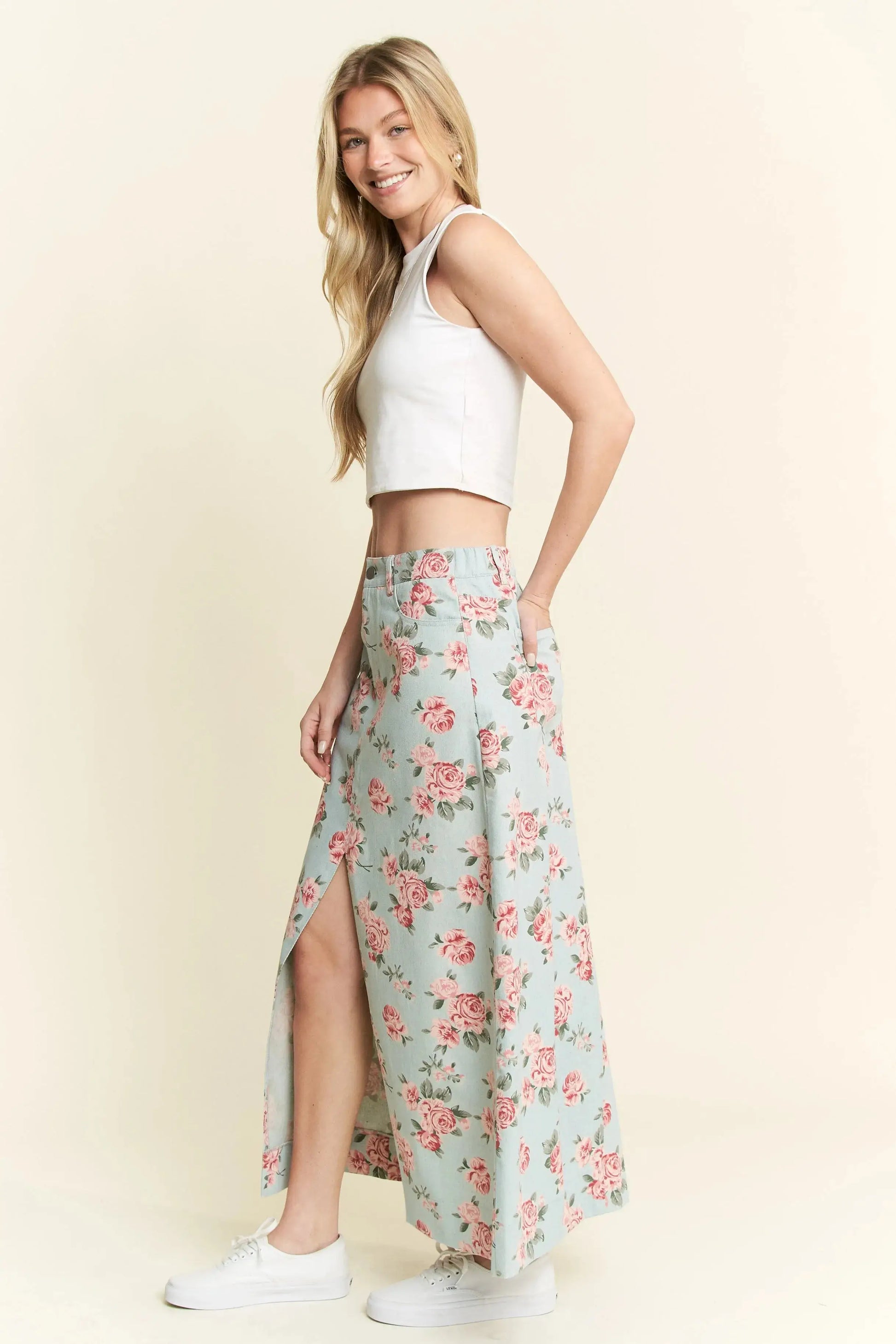 Jade By Jane Full Size Floral Print Front Slit Denim Maxi Skirt Plus Size Trendsi