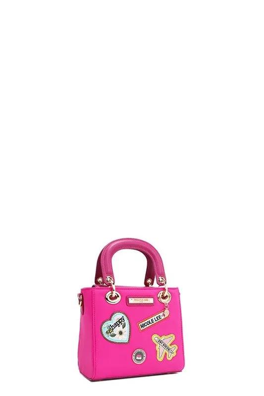 Nicole Lee Structured Mini Handbag with Embroidered Patches
