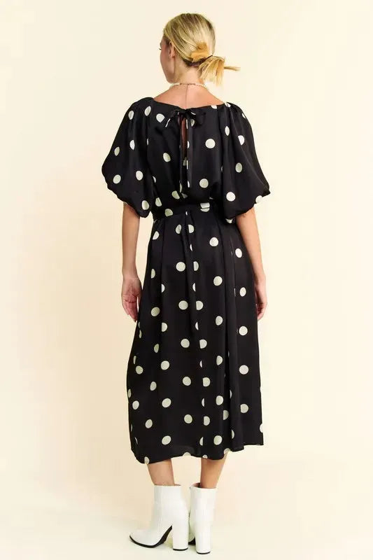 Polka Dot Puff Sleeve Waist Tie Midi Dress – A Timeless Feminine Staple