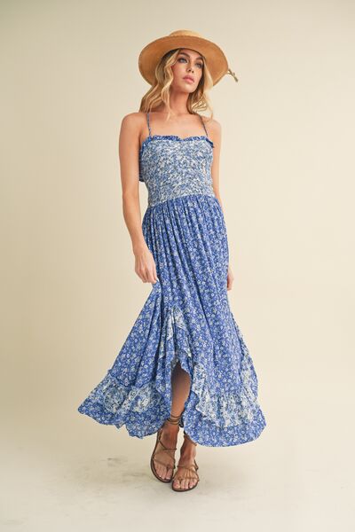 Blue Ditsy Floral Ruffled Hem Maxi Cami Dress Jewelry Bubble