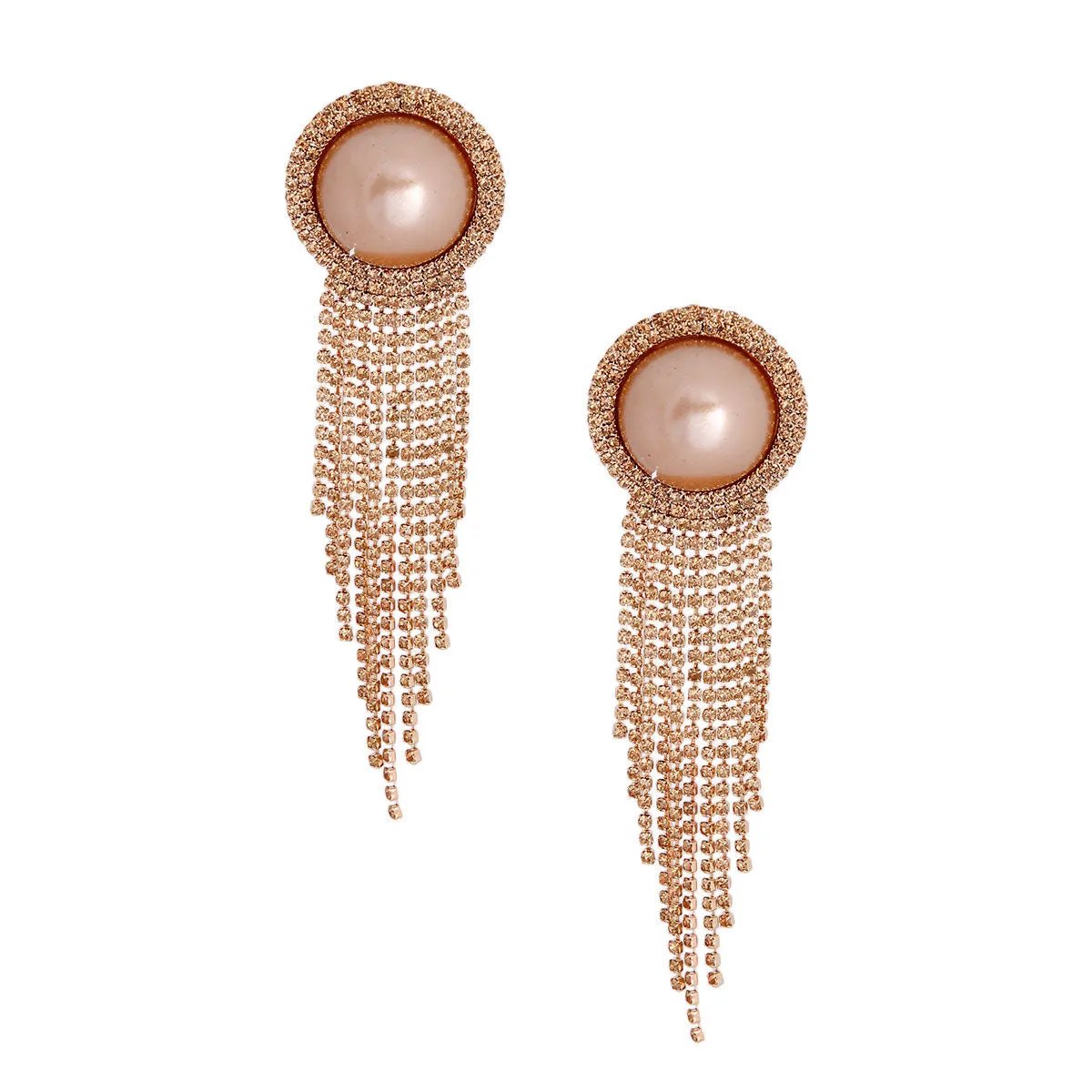 Gold Tone Clip-On Earrings Brown Faux Pearl & Rhinestone Fringe | Fashion Jewelry