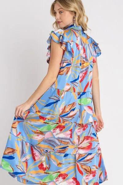 Playful Leaf Print Double Layered Ruffle Sleeve Tiered Midi Dress for Any Occasion
