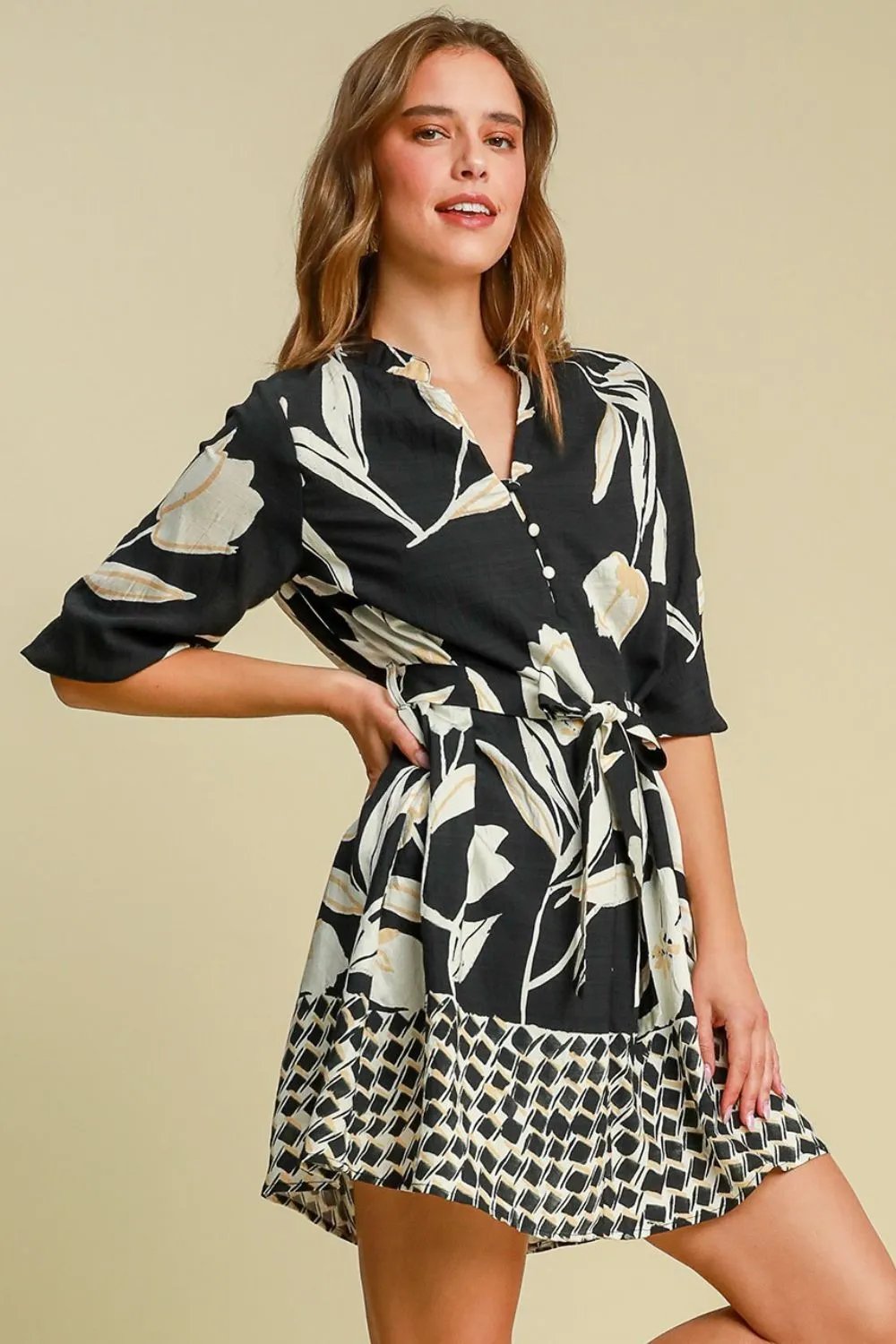 Floral Print Notched Tie Waist Black Mini Dress for Spring Occasions