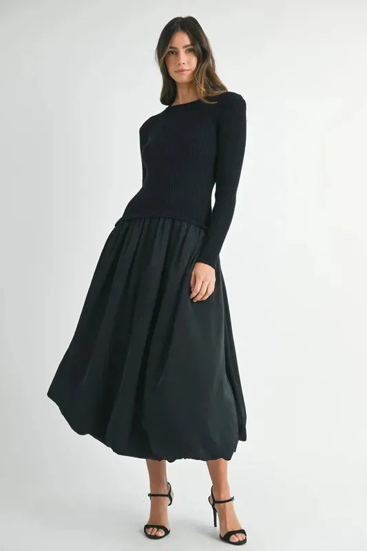 Black Ribbed Poplin Mix Midi Sweater Dress: Trendy and Versatile