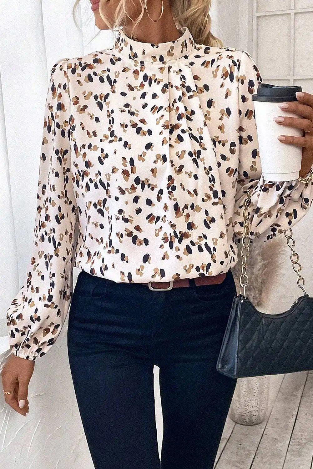 Leopard Print Puff Sleeve Mock Neck Blouse with Pleated Detail – Black or White