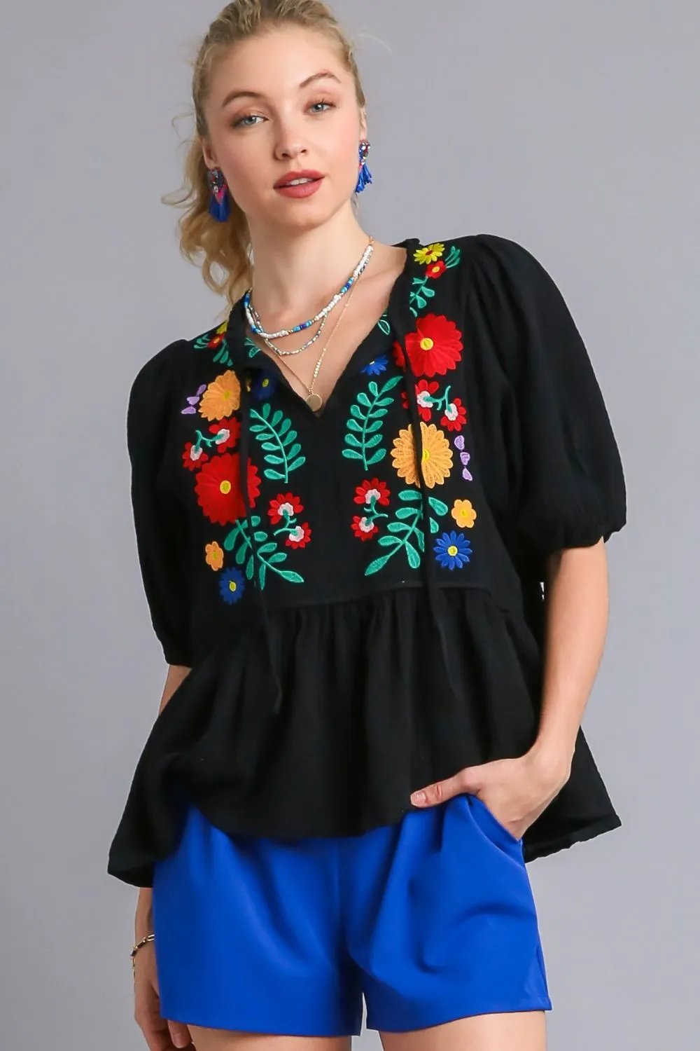 Romantic Cotton Gauze Multicolor Floral Embroidery Babydoll Black Blouse