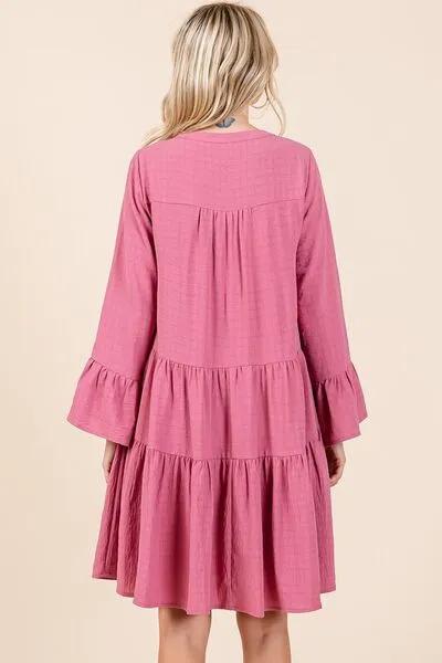 Rose Color Tiered Notched Flare Sleeve Dress