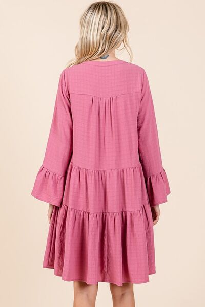 Rose Color Tiered Notched Flare Sleeve Dress Trendsi