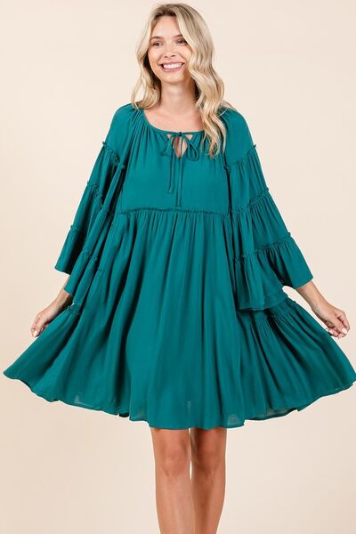 Teal Color Frill Tie Neck Bell Sleeve Dress That Screams Effortless Chic Trendsi