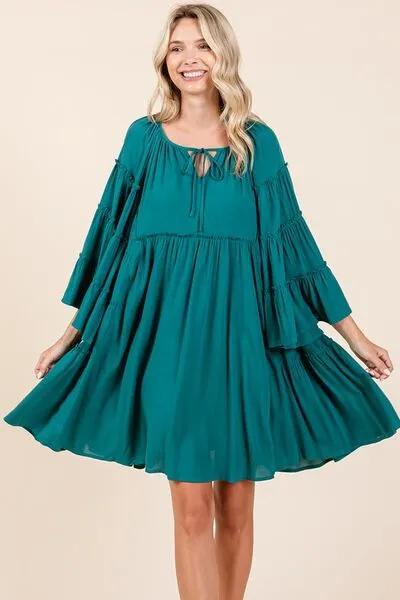 Teal Color Frill Tie Neck Bell Sleeve Dress That Screams Effortless Chic