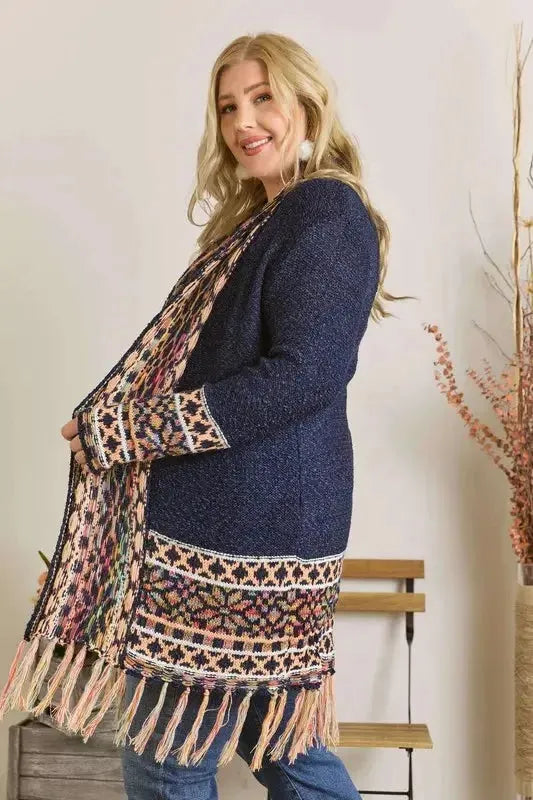 Fringe Hem Aztec Border Cardigan – Boho Chic Statement Layer for Women