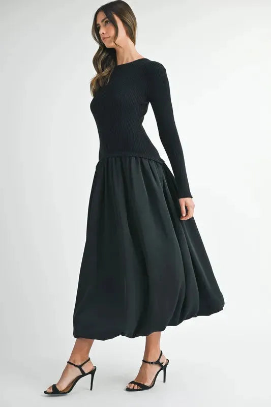 Black Ribbed Poplin Mix Midi Sweater Dress: Trendy and Versatile