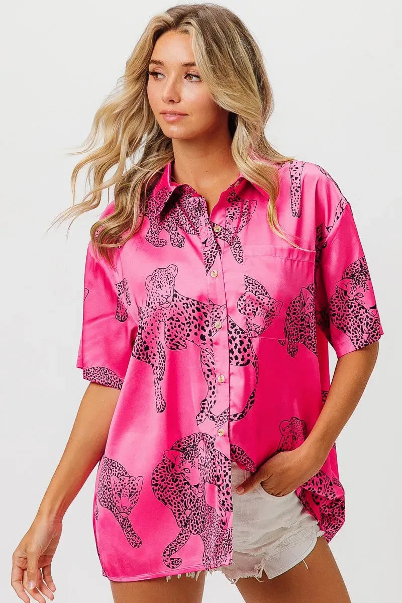 Fuchsia Leopard Print Satin Shirt Top – Trendy Women’s Fashion Statement