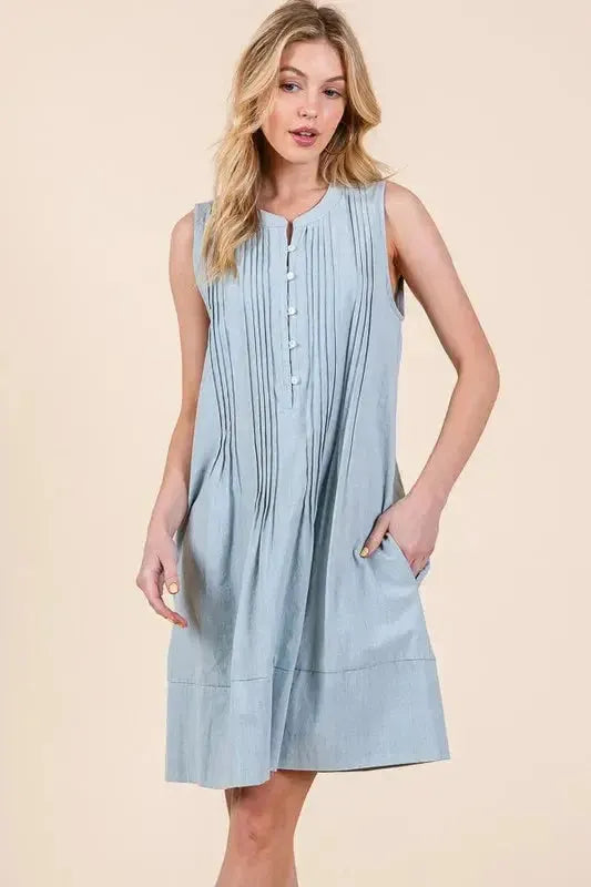 Denim Pintuck Detail Sleeveless Midi Dress with Pockets – Timeless & Versatile Style