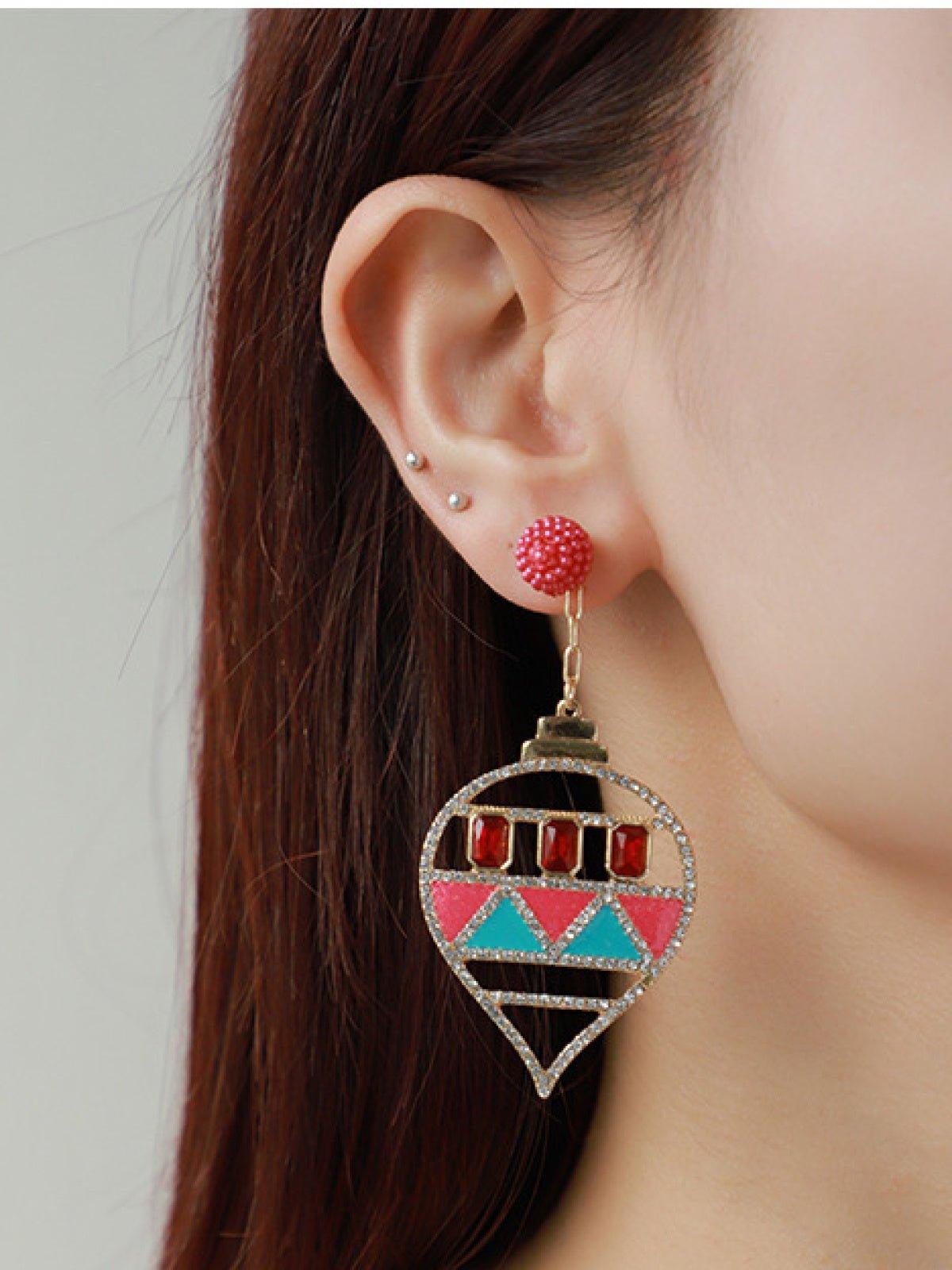Dangle Earrings with Rhinestones and Enamel in a Teardrop Shape