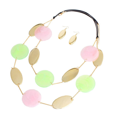 Dazzle with Pink Green Gold Disc Necklace Set - Now On
