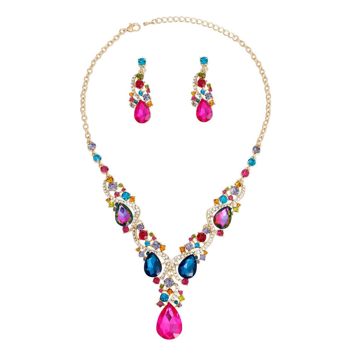 Dazzling Colorful Waterfall Necklace & Drop Earrings: Stun with Sparkle!