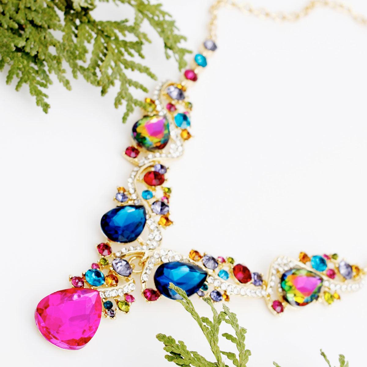 Dazzling Colorful Waterfall Necklace & Drop Earrings: Stun with Sparkle!