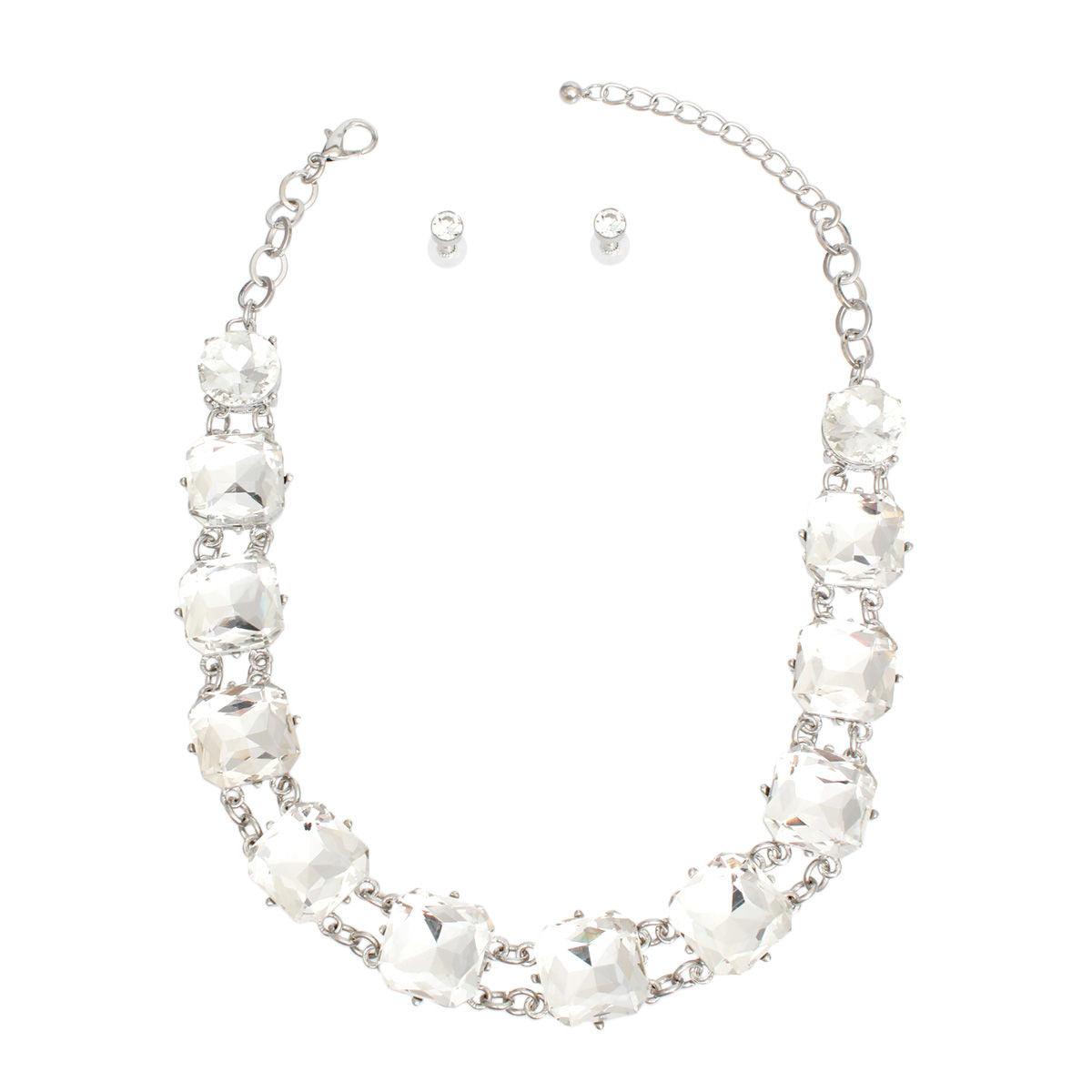 Dazzling Crystal-Adorned Chunky Link Silver Collar Necklace Set